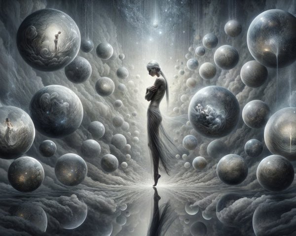 Surreal Cosmic Scene with Ethereal Spheres and Clouds