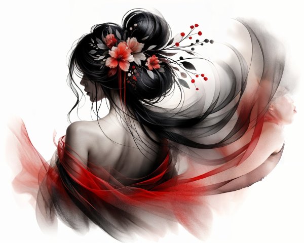 Elegant woman with black hair and vibrant flowers