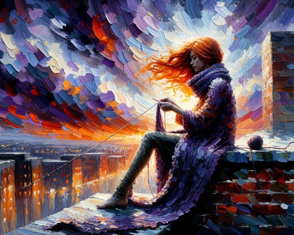 Woman Knitting on Rooftop at Sunset with City View