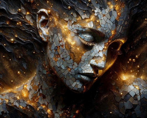 Abstract Sculpture of a Woman's Face with Reflective Surfaces