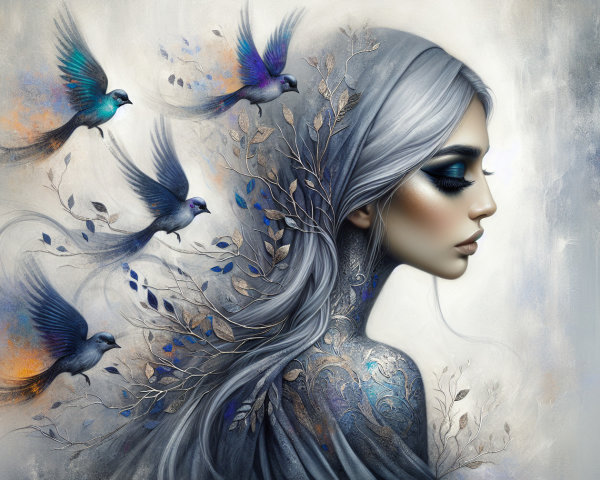 Ethereal Woman with Gray Hair and Vibrant Birds