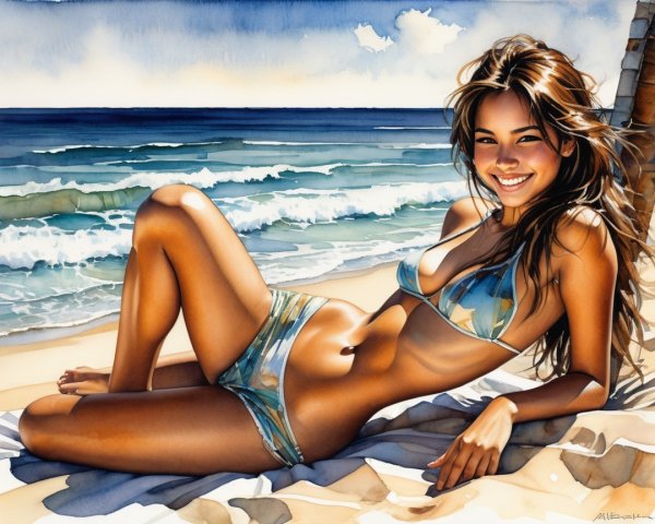 Young woman relaxing on a beach with tropical scenery