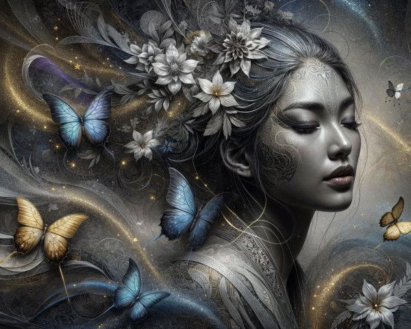 Ethereal Woman Surrounded by Butterflies and Light
