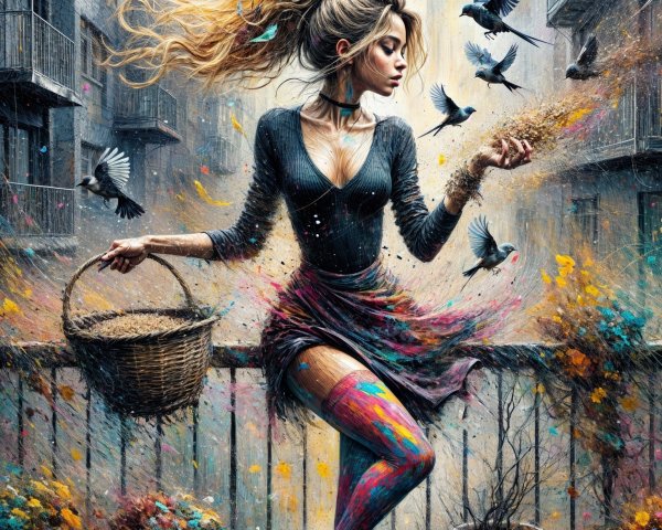 Young Woman on Balcony Scattering Seeds in Urban Scene