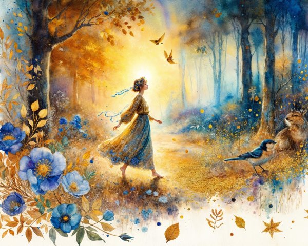 Whimsical Forest Scene with Young Woman in Blue Dress