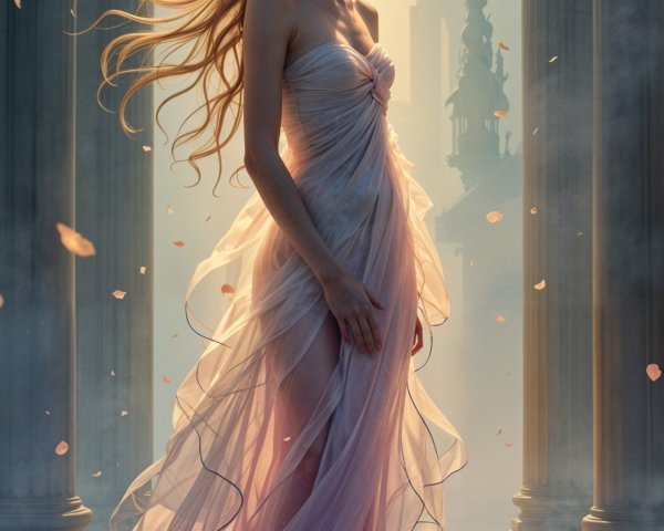 Ethereal Figure Among Ancient Columns and Dreamy Landscape