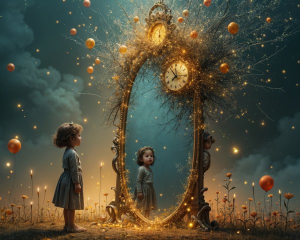 Whimsical Scene of a Girl and an Enchanted Mirror