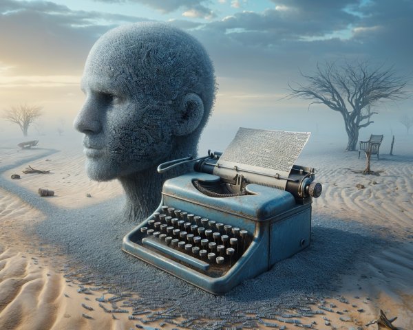 Surreal Landscape with Head and Typewriter Elements