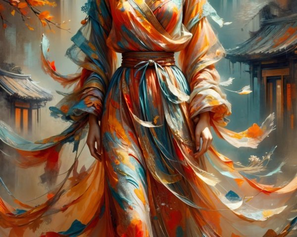 Woman in colorful autumn gown with serene backdrop