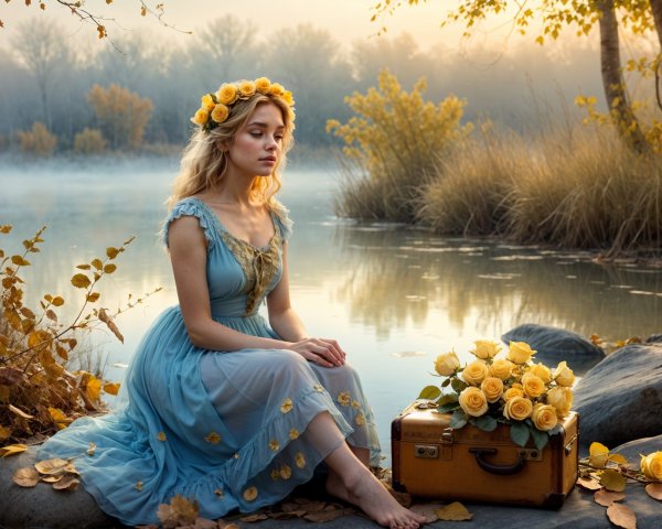 Young Woman in Floral Dress by Misty Lake at Sunset