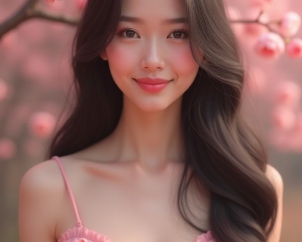 Young woman in pink dress by cherry blossom tree