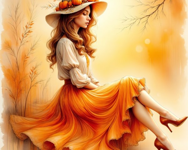 Young Woman in Autumn Setting with Orange Skirt