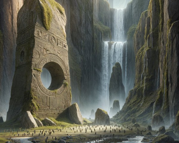Majestic Waterfall and Ancient Structure in Landscape