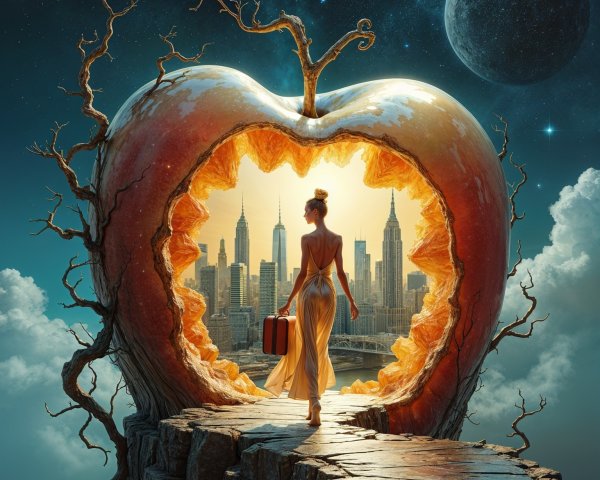 Woman in gown emerges from giant apple in skyline scene