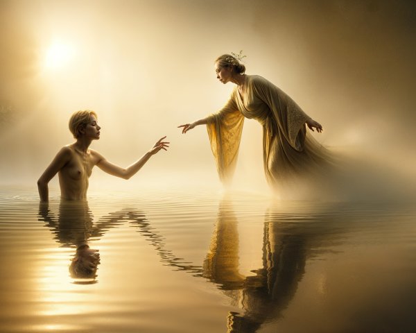 Misty Scene with Figures Emerging from Water Surface