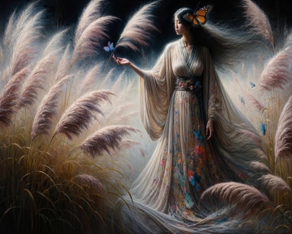 Serene figure in floral kimono surrounded by butterflies