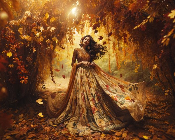 Woman in Autumn Forest with Flowing Gown and Leaves