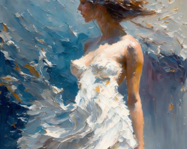Impasto Oil Painting of Woman in White Dress