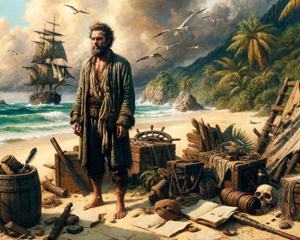 Rugged Man on Beach with Shipwreck and Ocean View