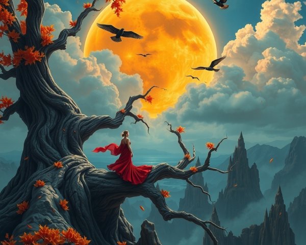 Serene landscape with a glowing moon and autumn leaves