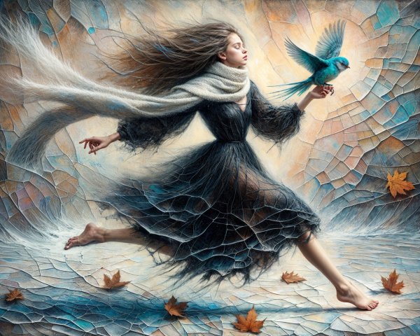 Mystical Scene of Woman in Black Dress with Blue Bird