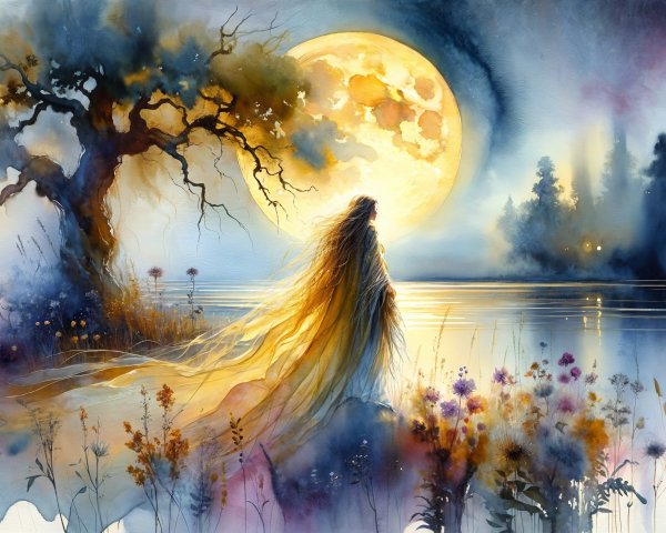 Serene Moonlit Scene by a Tranquil Lake