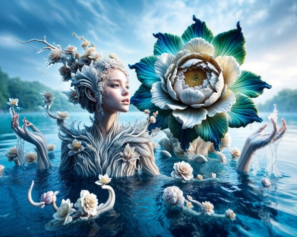 Serene figure in tranquil water with floral elements