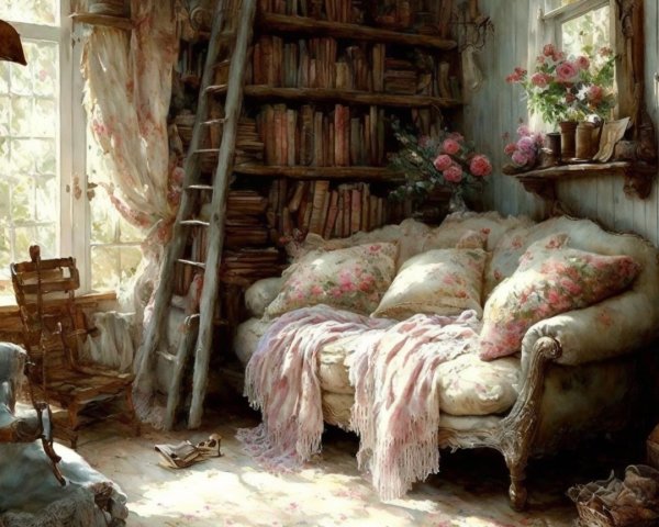 Cozy Reading Nook with Vintage Sofa and Bookshelf