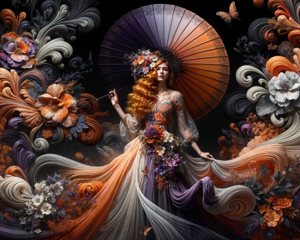 Ethereal Figure in Colorful Gown with Floral Patterns