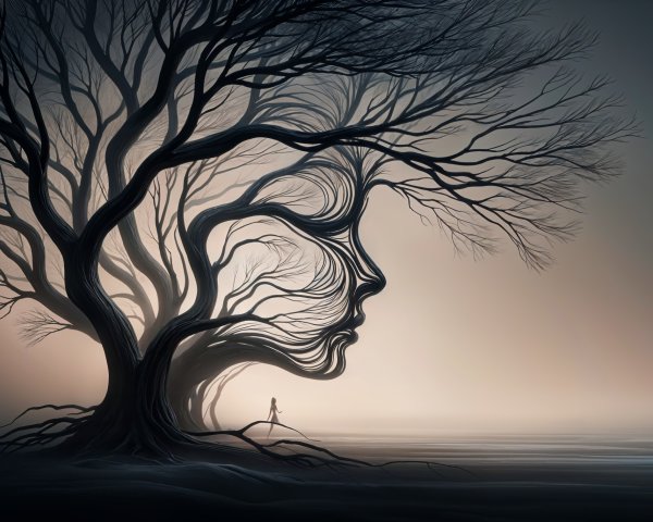 Surreal Landscape with Tree and Human Face Fusion