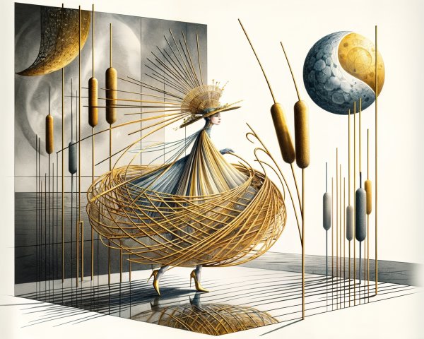 Whimsical Figure in Golden Nest-Inspired Dress