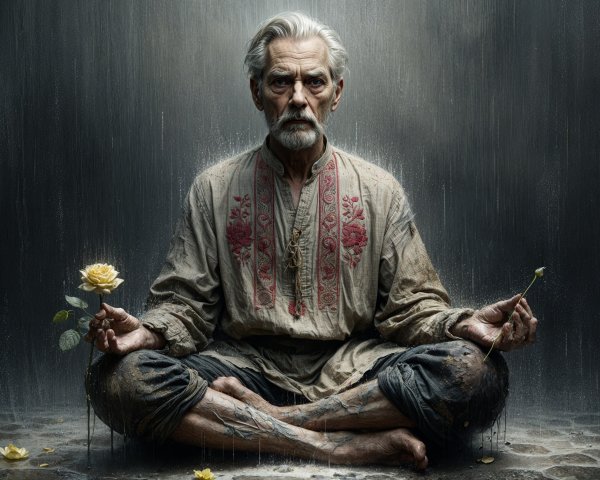 Elderly Man in Meditative Pose with Flowers and Rain