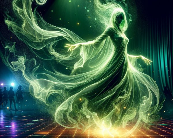 Luminous Figure in Green Mist on Glowing Dance Floor