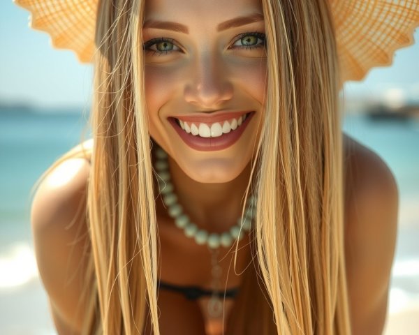 Young woman in bikini on sunny beach with ocean view