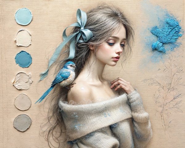 Young Woman in Sweater with Blue Bird and Paint Swatches