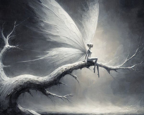 Ethereal Fairy on Gnarled Tree Branch in Dreamlike Scene
