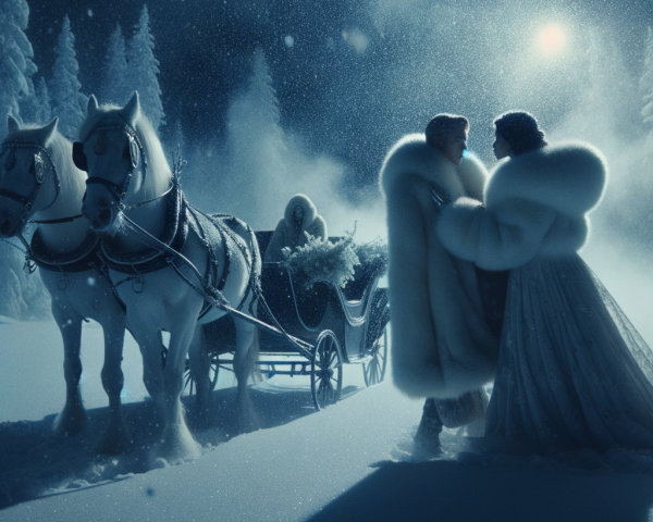Winter Landscape with Couple in Fur Coats and Sleigh