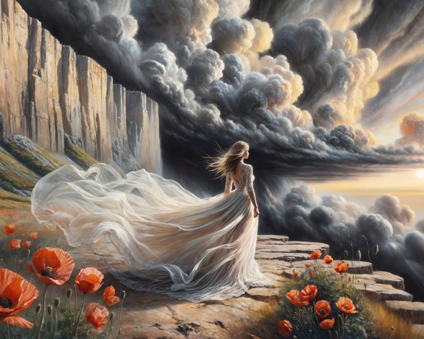 Woman in White Dress on Cliffside with Poppies