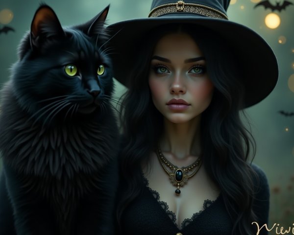 Mysterious Woman and Black Cat in Enchanting Setting