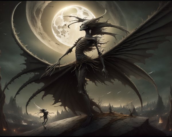 Skeletal Figure with Wings Against Glowing Moon