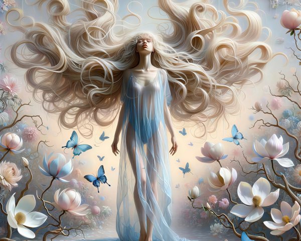 Serene Young Female in Mystical Garden with Butterflies