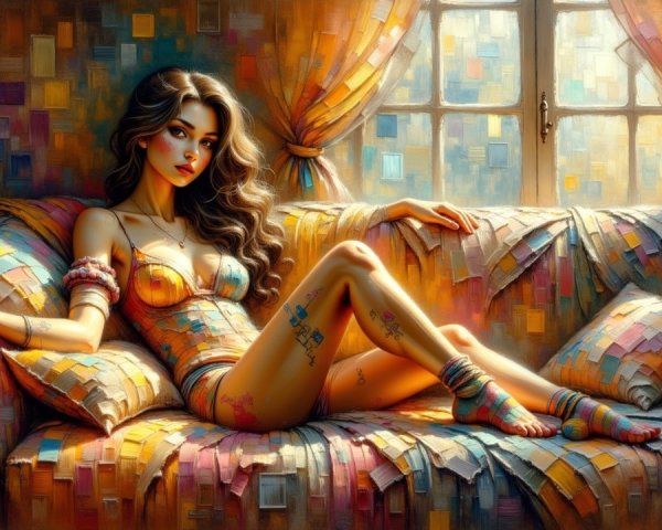 Young Woman Relaxing on Colorful Patchwork Sofa