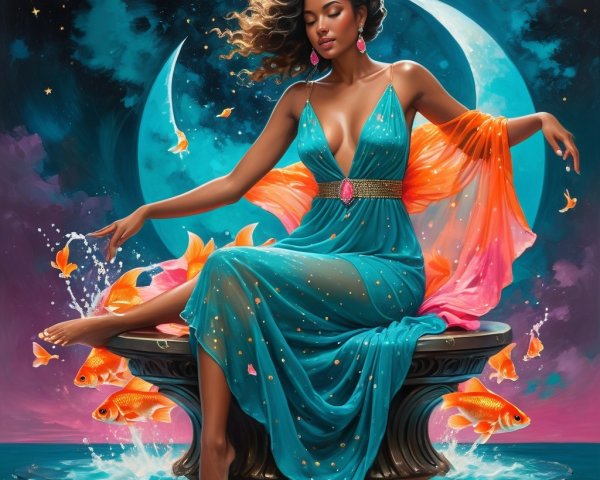 Serene Woman on Stone Pedestal Surrounded by Water