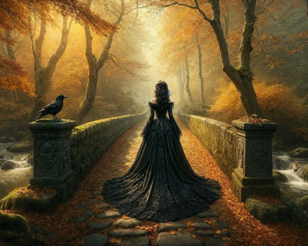 Mysterious Figure on Stone Bridge in Autumn Setting