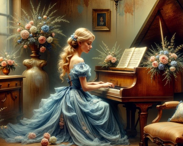 Young Woman in Blue Gown Playing Piano in Elegant Room