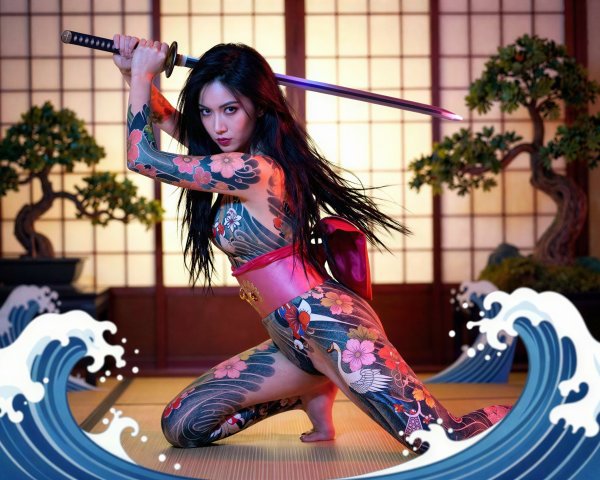 Japanese woman in traditional tattoos with katana