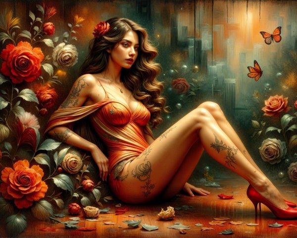 Woman in Orange Garment Surrounded by Roses and Butterflies