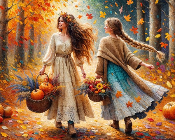 Autumn Landscape with Women in Floral Dresses