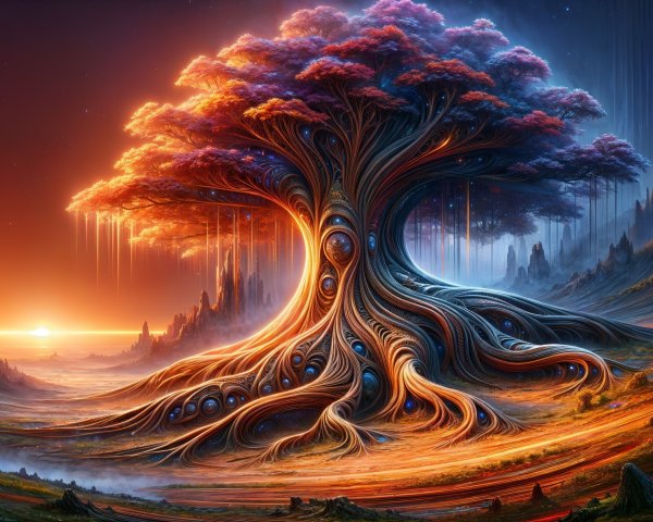 Majestic Tree Under Cosmic Sunset with Vibrant Colors