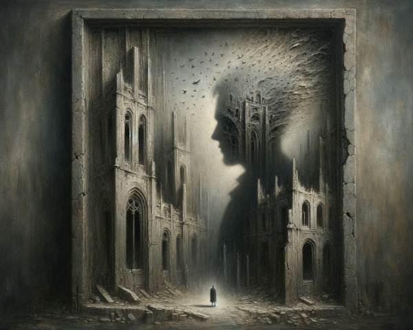 Surreal Landscape with Ruins and Ethereal Silhouette